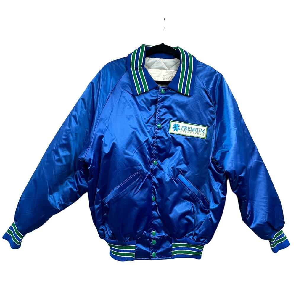 VTG Delong Jacket Lg Satin Quilted Bomber Blue Premium Fresh Farms 80s Retro USA